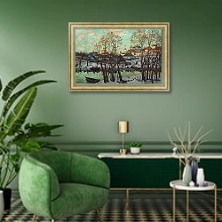 «Городской пейзаж 7» в интерьере гостиной в зеленых тонах