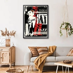 «Винтажный джазовый плакат» в интерьере гостиной в стиле ретро над диваном