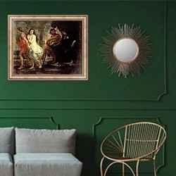 «Orpheus and Eurydice 4» в интерьере классической гостиной с зеленой стеной над диваном