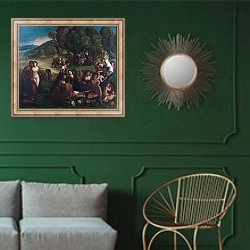 «Вакханалия 4» в интерьере классической гостиной с зеленой стеной над диваном