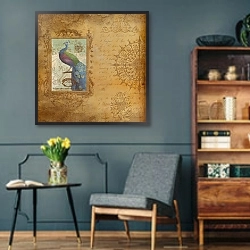 «Винтажная иллюстрация с павлином» в интерьере гостиной в стиле ретро в серых тонах