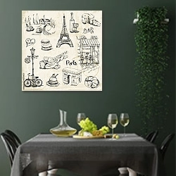 «Вкусы Парижа» в интерьере столовой в зеленых тонах