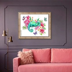 «Акварельный зеленый хамелеон с бабочками и цветами» в интерьере гостиной с розовым диваном