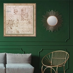 «W.3v Roughly sketched designs for furniture and decorations» в интерьере классической гостиной с зеленой стеной над диваном