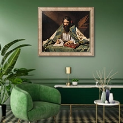 «St. Ambrose, c.1633-39» в интерьере гостиной в зеленых тонах