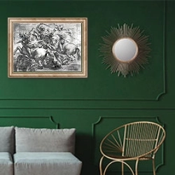 «The Battle of Anghiari after Leonardo da Vinci» в интерьере классической гостиной с зеленой стеной над диваном