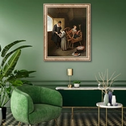 «Обучение чтению» в интерьере гостиной в зеленых тонах