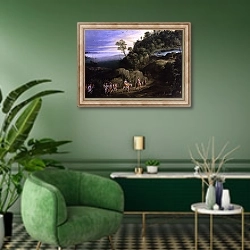 «В горах 2» в интерьере гостиной в зеленых тонах