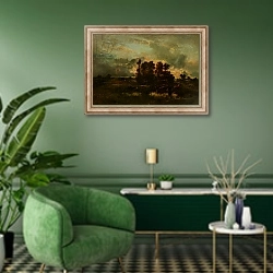 «Wet Pasture, c.1870» в интерьере гостиной в зеленых тонах