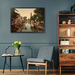 «Нидерланды. Утрехт, старинный мост и канал» в интерьере гостиной в стиле ретро в серых тонах