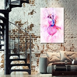 «Розовая акварельная рыбка» в интерьере двухярусной гостиной в стиле лофт с кирпичной стеной