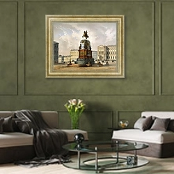 «Вид памятника Николаю I на Исаакиевской площади» в интерьере гостиной в оливковых тонах
