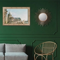 «View of the College des Quatre Nations, Paris, c.1810» в интерьере классической гостиной с зеленой стеной над диваном