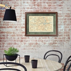 «Карта окрестностей Лондона, конец 19 в.» в интерьере кухни в стиле лофт с кирпичной стеной