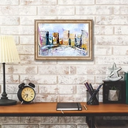 «Абстрактная живопись городских небоскребов 2» в интерьере кабинета в стиле лофт над столом
