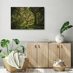 «Старое дерево в тропическом лесу 1» в интерьере современной комнаты над комодом