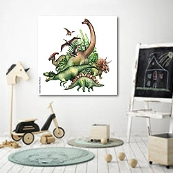 «Группа акварельных динозавров» в интерьере детской комнаты для мальчика с самокатом