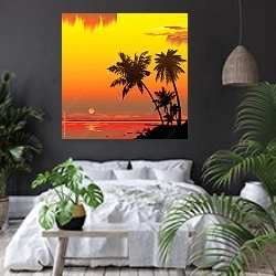 «Остров с пальмами на закате» в интерьере современной спальни с черными стенами