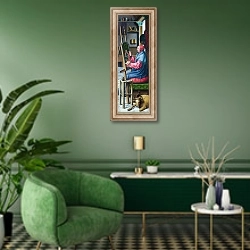 «Святая Льюк, рисующая Деву Марию и младенца» в интерьере гостиной в зеленых тонах