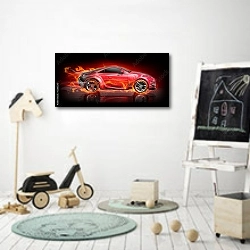 «Огненный автомобиль» в интерьере детской комнаты для мальчика с самокатом