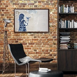 «Рисунок девочки на стене» в интерьере кабинета в стиле лофт с кирпичными стенами