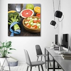 «Продукты для диеты и рулетка на темном деревянном столе» в интерьере современного офиса в минималистичном стиле