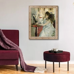 «Young Woman Powdering her Face, 1877» в интерьере гостиной в бордовых тонах