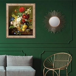 «Flower Still Life on a marble ledge, 1800-01» в интерьере классической гостиной с зеленой стеной над диваном