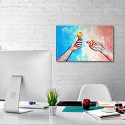 ««Руки» Картина изображает метафору для командной работы.» в интерьере светлого офиса с кирпичными стенами