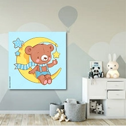 «Медвежонок на луне» в интерьере детской комнаты для мальчика с росписью на стенах