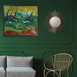 «Doggie Pals, 2012,» в интерьере классической гостиной с зеленой стеной над диваном
