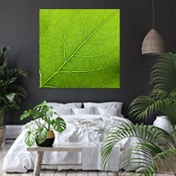 «Зеленый молодой листок» в интерьере современной спальни с черными стенами