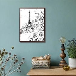 «Париж в Ч/Б рисунках #48» в интерьере в стиле ретро с бирюзовыми стенами