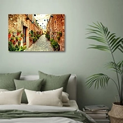 «Испания. Street in Valldemossa village» в интерьере современной спальни в зеленых тонах
