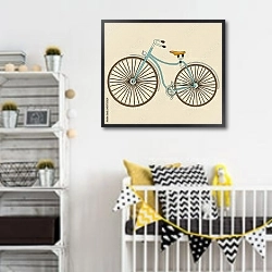 «Голубой ретро-велосипед на сером фоне» в интерьере детской комнаты для мальчика с желтыми деталями