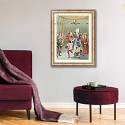 «The Lady of the Tournament Delivering the Prize, c 1450» в интерьере гостиной в бордовых тонах