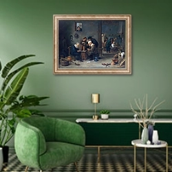 «Два мужчины, играющие в карты на кухне гостиницы» в интерьере гостиной в зеленых тонах
