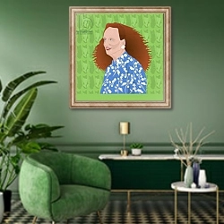 «Portrait of Grace Coddington, Creative Director of US Vogue» в интерьере гостиной в зеленых тонах