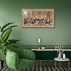 «Lamartine rejects the red flag in 1848» в интерьере гостиной в зеленых тонах