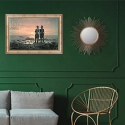 «Two Men by The Sea» в интерьере классической гостиной с зеленой стеной над диваном