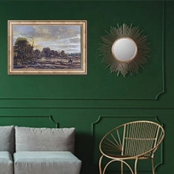«Пейзаж с рекой и деревней» в интерьере классической гостиной с зеленой стеной над диваном