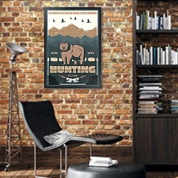 «Охота, ретро плакат с медведем» в интерьере кабинета в стиле лофт с кирпичными стенами