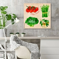 «Салат, помидоры черри, спаржа и оливки» в интерьере кабинета в скандинавском стиле с бетонной стеной