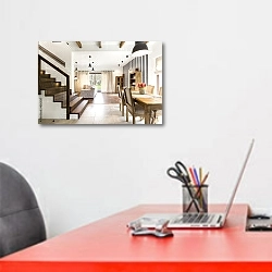 «Элегантный интерьер с деревянной лестницей » в интерьере офиса над рабочим местом сотрудника