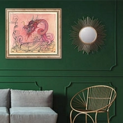 «Wicked Dragon, 2000, Mixed Media» в интерьере классической гостиной с зеленой стеной над диваном