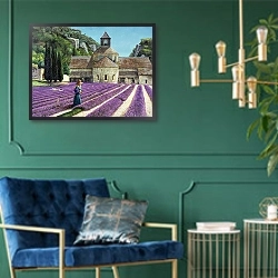 «Lavender Picker, Abbaye Senanque, Provence» в интерьере в классическом стиле с зеленой стеной