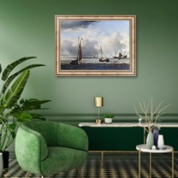 «Голландские корабли и малые лодки у берега» в интерьере гостиной в зеленых тонах