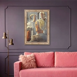«Group of Four Heads Gray Blue, Folkwang-Study III; Vier Kopfergruppe Graublau, Folkwang-Studie III, 1928» в интерьере гостиной с розовым диваном
