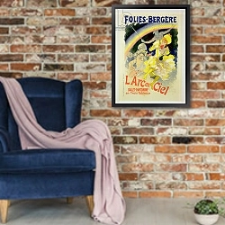 «Reproduction of a poster advertising 'The Rainbow', a ballet-pantomime presented by the Folies-Bergere, 1893» в интерьере в стиле лофт с кирпичной стеной и синим креслом