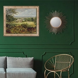 «English landscape with a house, 19th century» в интерьере классической гостиной с зеленой стеной над диваном